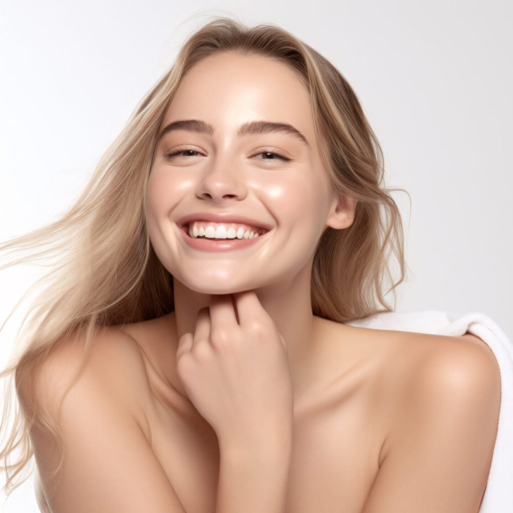 Close-up picture of a gorgeous woman with good facial skin, focu